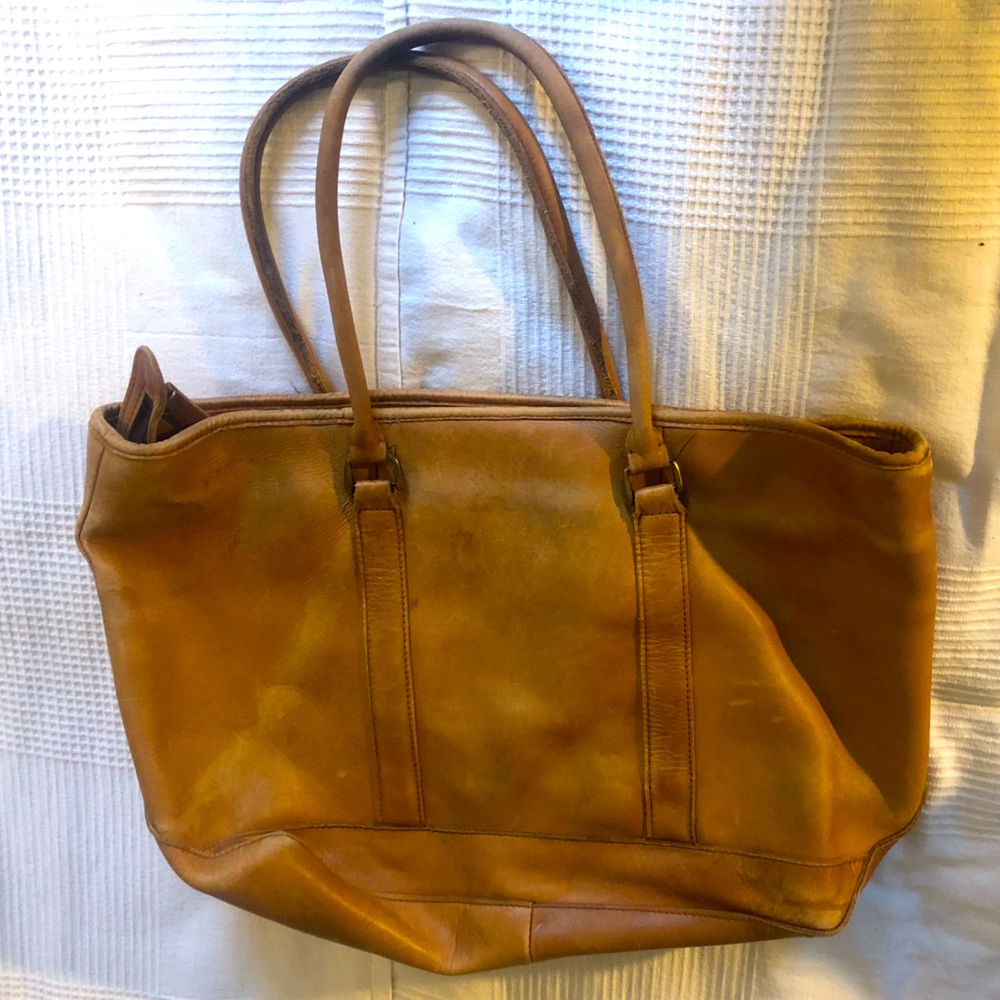 LL Bean tan leather work bag with spacious interior